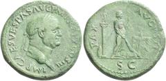 The Roman Empire Vespasian, 69 – 79 Sestertius 71, Æ 33 mm, 24.29 g. IMP CAES VESPASIAN AVG P M TR P P P COS III Laureate head r. Rev. PAX – AVGVSTI Pax standing r., setting fire to arms near lighted 