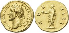 The Roman Empire Antoninus Pius augustus, 138 – 161 Aureus 151-152, AV 19 mm, 7.07 g. ANTONINVS AVG – PIVS P P TR P XV Laureate head l. Rev. CO – S – IIII Antoninus, togate, standing l., holding globe