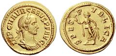 The S.C. Markoff Collection of Roman Coins The Roman Empire Carus , 282 – 283 Aureus, Lugdunum 282, AV 4.47 g. IMP C M AVR CARVS P F AVG Laureate, draped and cuirassed bust r. Rev. SPES – P – VBLICA S