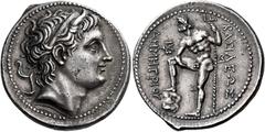 Kings of Macedonia, Demetrius I Poliorcetes, 306 – 283 Tetradrachm, Amphipolis circa 289-288, AR 32 mm, 17.29 g. Diademed and horned head of Demetrius I r. Dotted border. Rev. BAΣIΛEΩΣ / ΔHMHTPIOY Pos
