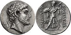 Philip V, 221 – 179 Tetradrachm, Pella or Amphipolis circa 220-211, AR 30 mm, 16.48 g. Diademed head of Philip V r. Rev. ΒΑΣΙΛΕΩΣ – ΦΙΛΙΠΠΟΥ Athena Alchidemos striding l., holding thunderbolt and shie
