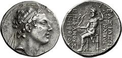 Antiochus IV Epiphanes, 175 – 164 Tetradrachm, Antiochia on the Orontes circa 168-164, AR 30 mm, 16.77 g. Diademed head of Antiochus IV r. Fillet border. Rev. BAΣIΛEΩΣ – ANTIOXOY ΘEOY – EΠIΦANOYΣ – NI