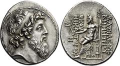 Demetrius II Nicator, second reign, 129-126/5 Tetradrachm, Antiochia on the Orontes circa 129-125, AR 33 mm, 16.69 g. Diademed head of Demetrius II r., bearded, with tousled lock on crown of head and 