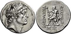 Kings of Characene. Hyspaosines, 140 – 121 Tetradrachm, Seleucia on the Tigris 127-126 (year 186), AR 31 mm, 16.49 g. Diademed head of Hyspaosines r. Fillet border. Rev. ΒΑΣΙΛΕΩΣ – ΥΣΠΑΟΣΙΝΟΥ Heracles