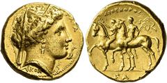 Greek Coins Calabria, Tarentum Stater circa 302-300, AV 18 mm, 8.61 g. ΤΑΡΑΣ Veiled head of Hera r., wearing earring and necklace; in r. field, dolphin swimming downwards and below neck truncation, KO