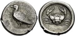 Greek Coins Sicily, Agrigentum Tetradrachm circa 470-440, AR 27 mm, 16.97 g. AKRAC – ΑΝΤΟΣ partially retrograde Eagle standing l., with closed wings. Rev. Crab, carapace resembling human face. SNG ANS