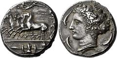 Greek Coins Syracuse Decadrachm signed work by Kimon circa 405-400, AR 32 mm, 43.16 g. Fast quadriga driven l. by female charioteer leaning forward with kentron in r. hand and holding reins in l.; abo