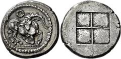 Greek Coins The Krestonians or Mygdonians Stater circa 485-480, AR 23 mm, 9.55 g. Goat kneeling r., head reverted; above, dotted Θ. Rev. Quadripartite incuse square. Svoronos, Hellénisme Primitif pl. 
