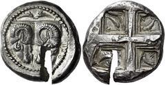 Greek Coins Phocis, Delphi Tridrachm circa 485-475, AR 27 mm, 18.36 g. ΔAΛΦI – KON Two rhytons downwards, in the form of ram's heads side by side; above, two dolphins snout to snout. Rev. Quadripartit