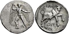 Greek Coins Phaestus Stater circa 300-270, AR 26 mm, 11.06 g. TA – Λ – ΩΝ retrograde Naked Talos, with spread wings, standing facing and holding stone in each hand. Rev. ΦΑΙΣ – ΤΙΩ – Ν retrograde Bull
