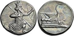 Greek Coins Persia, Achaemenid Empire time of Artaxerxes III to Darios III. Tetradrachm, Halicarnassus circa 350-333, AR 25 mm, 15.13 g. Persian king, wearing kidaris and kandys, in kneeling-running s