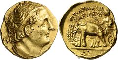 Greek Coins Ptolemy I Soter king, 305–285 Stater, Euhesperides 300-298, AV 17 mm, 7.04 g. Diademed bust r., with aegis around neck. Rev. ΠΤΟΛΕΜΑΙΟΥ / BAΣIΛEΩΣ Quadriga of elephants driven l. by figure