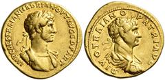 The Roman Empire Hadrian augustus, 117 – 138 Aureus 117, AV 20 mm, 7.13 g. IMP CAES TRAIAN HADRIAN OPT AVG G D PART Laureate and cuirassed bust of Hadrian r. Rev. DIVO TRAIANO – PATRI AVG Laureate, dr