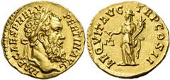 The Roman Empire Pertinax, 1st January – 28th March 193 Aureus January 1st – March 28th 193, second issue, AV 20 mm, 7.26 g. IMP CAES P HELV – PERTIN AVG Laureate head r. Rev. AEQVIT AVG TR P COS II A