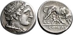The Roman Republic Didrachm, Neapolis (?) after 276, AR 20 mm, 7.25 g. Head of Hercules r., hair bound with ribbon, with club and lion's skin over shoulder. Rev. She-wolf r., suckling twins; in exergu