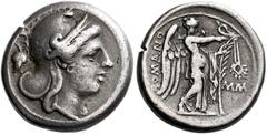 The Roman Republic Didrachm, Roma or an uncertain mint in Southern Italy circa 265-242, AR 19 mm, 6.62 g. Head of Roma r., wearing Phrygian helmet; behind, sword in scabbard with belt. Rev. ROMANO Vic