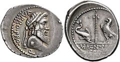 The Roman Republic Cn. Pompeius Magnus and Terentius Varro. Denarius, mint moving with Pompeius 49, AR 22 mm, 3.97 g. VARRO·PRO· – Q Terminal bust of Jupiter r., wearing diadem. Rev. Sceptre between d