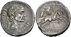 The Roman Republic C. Iulius Caesar and M. Mettius. Denarius 44, AR 18 mm, 3.81 g. Wreathed head of Caesar r.; behind, CAESAR [DICT] and lituus; before, QVART. Rev. Juno Sospita in galloping biga r. h
