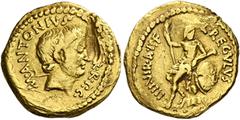 The Roman Republic Marcus Antonius and L. Livineius Regulus. Aureus 42, AV 20 mm, 8.07 g. M·ANTONIVS – III.VIR·R·P.C Head of M. Antonius r. Rev. L·REGVLVS – IIIIVIR·A·P·F Hercules seated facing on roc