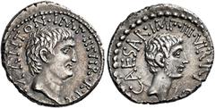 The Roman Republic C. Caesar Octavianus and Marcus Antonius. Denarius, mint moving with Octavian 39, AR 18 mm, 4.02 g. M·ANTON·IMP·III·VIR·R·P C Head of M. Antonius r. Rev. CAESAR·IMP·III·VIR· R·P·C. 