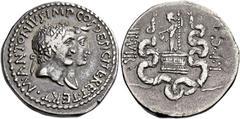 The Roman Republic Marcus Antonius. Cistophorus, Ephesus circa 39 (?), AR 27 mm, 11.06 g. M ANTONIVS IMP COS DESIG ITER ET TERT Conjoined heads of M. Antonius and Octavia r. Rev. RPC III VIR Dionysus,
