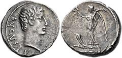 The Roman Empire Octavian as Augustus,27 BC–14 AD Quinarius, Pergamum 27 BC, AR 13 mm, 1.73 g. AVGVSTVS Bare head r. Rev. Victory standing l. on prow, holding wreath in her r. hand and palm branch in 