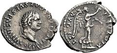 The Roman Empire Titus augustus, 79–81 Quinarius 79-80 , AR 16 mm, 1.52 g. IMP TITVS CAES VESPASIAN AVG P M Laureate head r. VICTORIA – AVGVST Victory advancing r., holding wreath in r. hand, palm ove