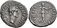 The Roman Empire Nerva augustus, 96–98 Quinarius 98, AR 16 mm, 1.22 g. IMP NERVA CAES AVG GERM P M TR P II Laureate head r. Rev. IMP II – COS IIII P P Victory advancing r., holding wreath in r. hand a