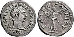 The Roman Empire Trajan augustus, 98–117 Quinarius 100, AR 16 mm, 1.56 g. IMP CAES NERVA TRAIAN AVG GERM Laureate bust r., with slight drapery. Rev. P M TR P COS III P P Victory advancing r., holding 