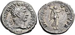 The Roman Empire Trajan augustus, 98–117 Quinarius 103, AR 16 mm, 1.47 g. IMP CAES NERVA TRAIAN AVG GERM Laureate head r. Rev. DACICVS COS V P P Victory advancing r., holding wreath in r. hand, palm o