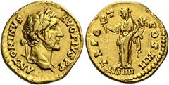 The Roman Empire AntoninusPius augustus, 138–161 Quinarius 145-161, AV 15 mm, 3.55 g. ANTONINVS – AVG PIVS P P Laureate head r., with aegis. Rev. TR PO – T – COS IIII Liberalitas standing l., holding 