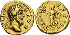 The Roman Empire Lucius Verus augustus, 161–169 Quinarius 168, AV 16 mm, 3.53 g. L VERV – S AVG Laureate head r. Rev. TR P VIII – COS III Victory advancing l., holding wreath in extended r. hand and p