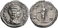 The Roman Empire Julia Domna, wife of Septimius Severus Quinarius circa 211-217, AR 15 mm, 1.11 g. IVLIA PIA – FELIX AVG Draped bust r. Rev. I – V – N – O Juno veiled standing l., holding patera in r.