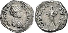The Roman Empire Plautilla, wife of Caracalla Quinarius circa 202-205, AR 15 mm, 1.58 g. PLAVTILLAE – AVGVSTAE Draped bust r. Rev. CONCORDIA – AVGG Concordia standing l., holding patera in r. hand and