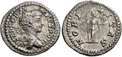 The Roman Empire Geta caesar, 198–209 Quinarius circa 200-202, AR 15 mm, 1.43 g. P SEPT GETA – CAES PONT Bareheaded and draped bust r. Rev. NOBI – LITAS Nobilitas standing r., holding sceptre in r. ha