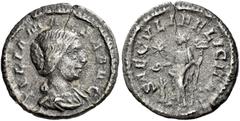 The Roman Empire Julia Maesa, grandmother of Elagabalus and Severus Alexander Quinarius circa 219-222, AR 15 mm, 1.29 g. IVLIA MAESA AVG Draped bust r. Rev. SAECVLI FELICITAS Felicitas standing facing