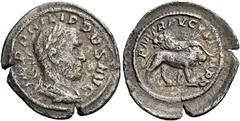 The Roman Empire Philip I, 244–249 Quinarius 248, AR 17 mm, 0.96 g. IMP PHILIPPVS AVG Laureate, draped and cuirassed bust r. Rev. P M TR P V COS III P P Lion advancing l., in front second lion advanci