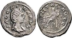 The Roman Empire Salonina, wife of Gallienus Quinarius 256-257, Billon 15 mm, 1.21 g. SALONINA AVG Diademed and draped bust r. Rev. PIETAS AVGG Empress seated l., holding sceptre; two children before 