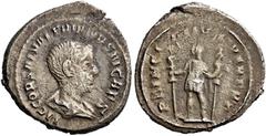 The Roman Empire Saloninus caesar, 256 Quinarius 256, Billon 15 mm, 1.35 g. LIC COR SAL VALERIANVS N CAES Bareheaded and draped bust r. Rev. PRINCIPI IVVENTVT Prince standing l., holding military stan