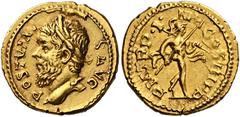 The Roman Empire Postumus, 260–269 Quinarius, Lugdunum 262, AV 14 mm, 2.12 g. POSTVMV – S AVG Laureate head l. Rev. P M TR P – IIII COS III P P Mars walking r., holding spear in r. hand and trophy on 