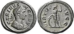 The Roman Empire Carinus caesar, 282–283 Quinarius 282-283, Billon 15 mm, 1.89 g. CARINVS – N CAES Laureate, draped and cuirassed bust r. Rev. VIRTVS – AVGG Virtus standing l., leaning r. hand on shie