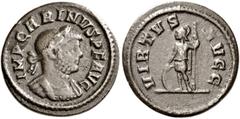 The Roman Empire Carinus augustus, 283–285 Quinarius 283-284, Billon 15 mm, 416 g. IMP CARINVS P F AVG Laureate and cuirassed bust r. Rev. VIRTVS – AVGG Virtus standing l., holding shield and spear. C