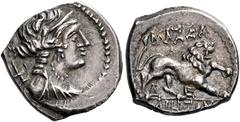 Greek Coins Gaul, Massalia Tetrobol circa 130-121, AR 16 mm, 2.7 g. Laureate and draped bust of Artemis r., wearing pendant earring and pearl necklace, holding bow and quiver. Rev. ΜΑΣΣΑ / ΛIATΩN Lion