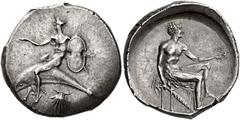 Greek Coins Calabria, Tarentum Nomos circa 425-415, AR 24 mm, 8.38 g. Dolphin rider l., extending r. hand and holding shield in l.; below, pecten. Rev. Oecist seated r., holding bird in his extended l