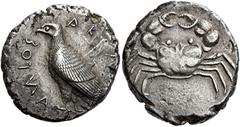 *Greek Coins Sicily, Agrigentum Didrachm circa 510-500, AR 23 mm, 8.82 g. ΑΚΡΑΓ – ΑΝΤΟΣ Eagle standing l. Rev. Crab. Kappeli-Berger, Kunstwerke der antike, 1963, 19 (this coin). Jenkins, Gela Group Ia