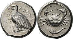 Greek Coins Sicily, Agrigentum Tetradrachm circa 470-420, AR 25 mm, 17.44 g. AKPAC-ANTOΣ Eagle standing l. Rev. Crab; below, dolphin. SNG ANS 985. SNG Lloyd 809. Westermark, Akragas 393. An extremely 