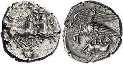 Greek Coins Sicily, Agrigentum Silver tetradrachm, signed on the reverse by the artist Polyai[nos] circa 413-406, AR 27 mm, 17.13 g. Fast quadriga r. wreath-bearing Nike flying l. above horses, crab i