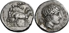 Greek Coins Sicily, Catana Tetradrachm work of the "Maestro della Foglia", circa 415-410, AR 27 mm, 17.2 g. Slow quadriga r. driven by charioteer, wearing long chiton and holding reins with both hands