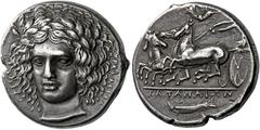 *Greek Coins Sicily, Catana Tetradrachm signed by Heracleidas circa 405-402, AR 25 mm, 17.29 g. Laureate head of Apollo, facing three-quarters l., his hair falling in loose curls around his face; in f