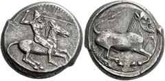 *Greek Coins Sicily, Gela Tetradrachm circa 475-465, AR 25 mm, 17.34 g. Naked, bearded rider wearing conical helmet, on horse prancing r., spear in r. hand, l. holding reins. Rev. Bearded, man-faced b